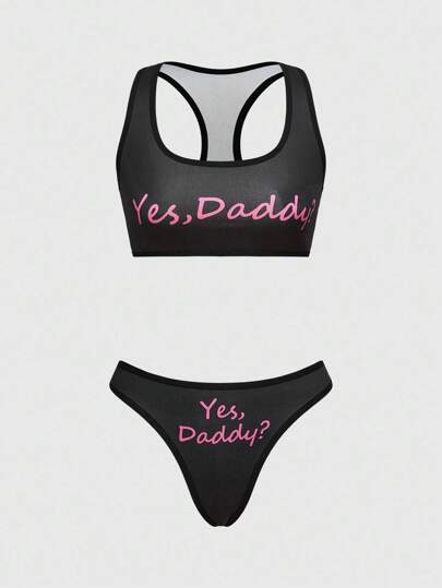 Kawaii Funny Graphic Letter Print Sexy Lingerie Set