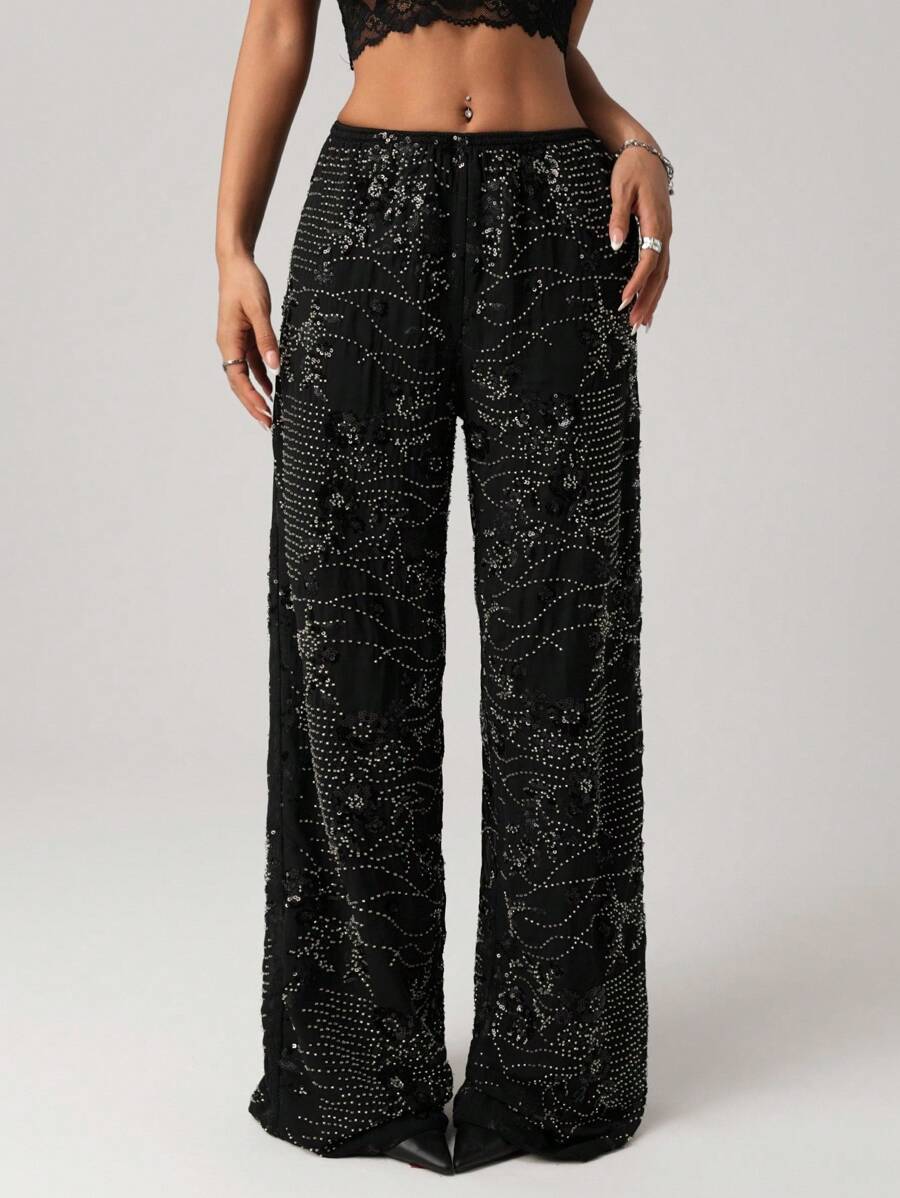 SHEIN ICON 女式新款优雅亮片刺绣蕾丝半透明阔腿裤 - 咖啡棕 - 查看 1