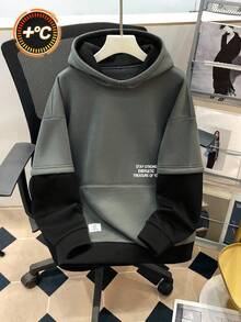 SHEIN 青少年休闲街头时尚文字图形印花撞色舒适纯色长袖圆领运动衫，适合通勤、上学、日常休闲、旅行、运动、秋冬 - 彩色 - 查看 3