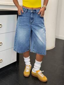 SHEIN 少女春夏 Y2K 同色水洗低腰宽松牛仔长短七分裤、夏季海滩波西米亚度假宽松阔腿裤、夏季早午餐毕业典礼、夏季狂欢音乐会节街头服饰、宽松牛仔短裤、长款牛仔短裤、水洗牛仔短裤、Y2K 牛仔短裤、少女短裤、长款牛仔短裤