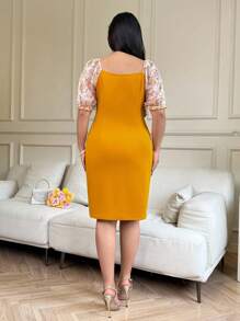 SHEIN Clasi Vestido midi elegante de talla grande para mujer con mangas raglán, bajo con abertura lateral y estampado floral ditsy patchwork
