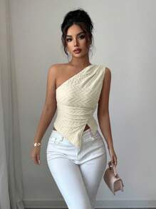Elenzga Elegante blusa de mujer de color rosa con hombro oblicuo, volantes y dobladillo con abertura, para el verano - Albaricoque - Ver 4