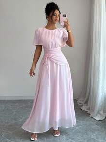 Elenzga Vestido largo con mangas paragua, cuello redondo, cintura recogida y cordón para mujer, de estilo francés romántico siciliano, elegante y casual, ideal para ir al trabajo, vacaciones, tarde de té