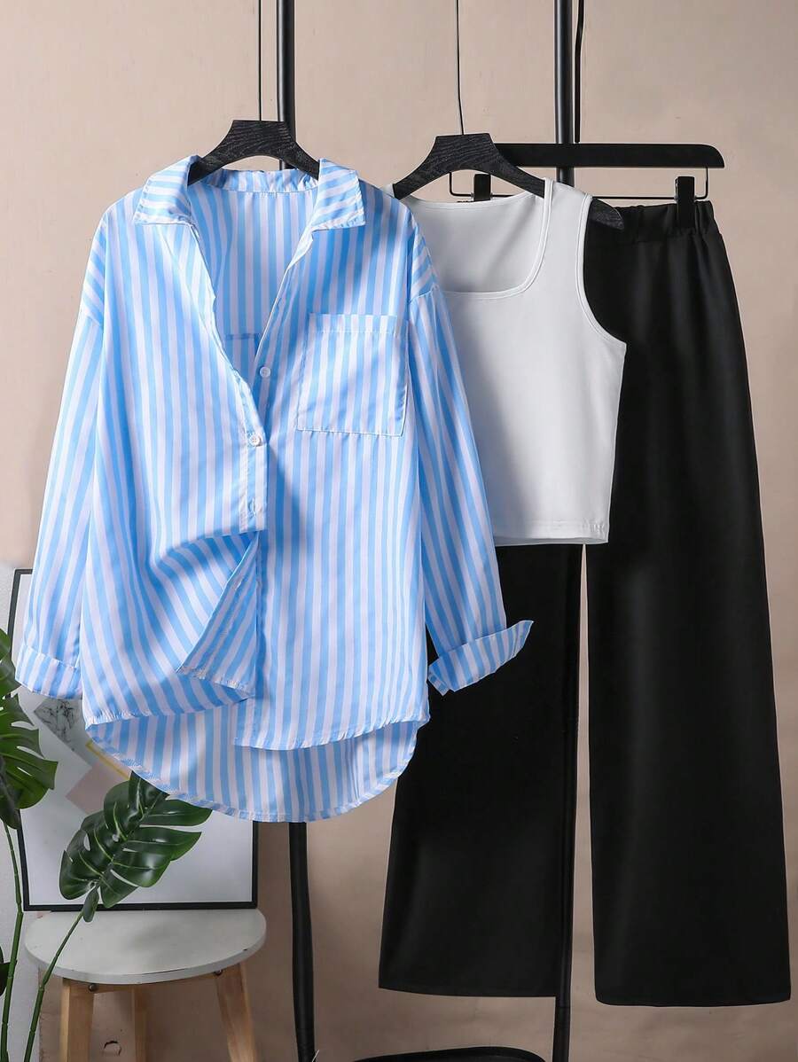 Set di 3 pezzi, outfit verde scuro per adolescenti, composto da una camicia a righe a maniche lunghe con orlo irregolare, un gilet lavorato a maglia bianco e pantaloni neri a gamba ampia, ideale per l'uso quotidiano e per le vacanze