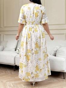 SHEIN Clasi Plus Size Women's Yellow Floral Print Chiffon Maxi Dress, Elegant, Lightweight, Short Sleeve, Flowing Summer Dress With 3D Floral Decor Summer Outfits - Yellow - View 2