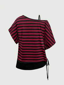 ROMWE Grunge Punk 深色垃圾摇滚/朋克风格斜肩宽松条纹二合一复古深灰色加大码T恤 - 紅色 - 查看 2