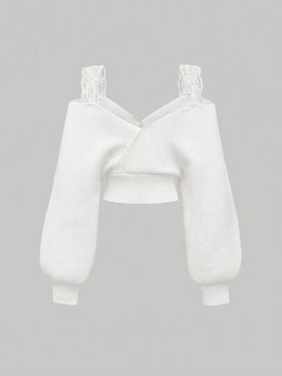 Kawaii French Elegant Sexy Lace Strap Deep V Off Shoulder Bowknot Pullover Sweater