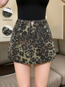 Sparklyn Tween Girls' Fashionable Leopard Print Denim A-Line Mini Skirt, Comfortable Casual Vacation & Street Style, Summer - Multicolor - View 3