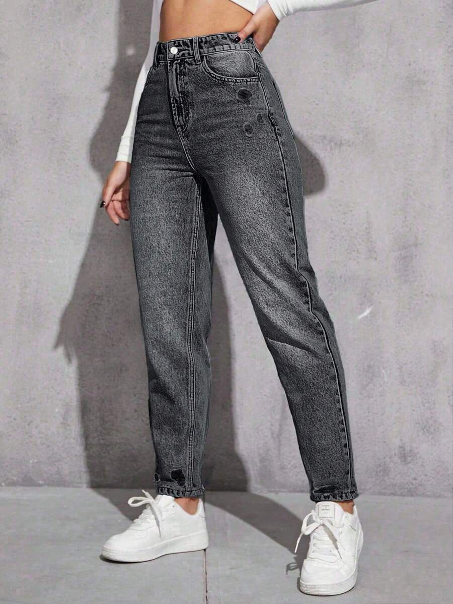SHEIN ICON 女式休闲日常水洗斜口袋做旧牛仔裤 - 黑色 - 查看 1