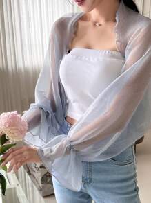 DAZY Solid Open Front Flare Sleeve Top Without Tube Top,Ruffle,Back To School Clothes Long Sleeve Women Tops - Blue - View 7