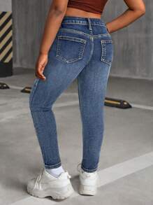 Tween Girl Fashion Y2k Vintage Blue Stretch Skinny Jeans,Comfortable Washable Soft Casual School Summer Dailywear Back-To-School Homecoming Streetwear - Blue - View 3