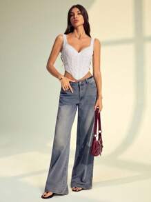 SHEIN Tall Spring And Summer Solid White Three-Dimensional Floral Cotton Embroidery Suspender Corset, Women's Corset, White Corset - White - View 6