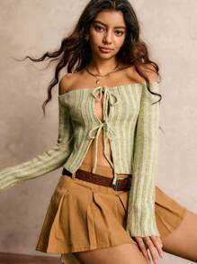 Easelle Women's Autumn And Winter Retro Casual Office Commuting Modern Fashion Elegant Sexy Bow Tie Hollow And Green Wide Pit Stripes One Shoulder Slim Wool Top