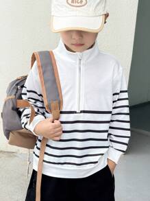 SHEIN 年轻男孩休闲舒适提花拉链半拉链条纹立领厚款运动衫，返校服 - 白色 - 查看 6