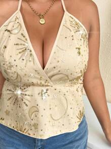 Calvaya Camiseta y top sin espalda con lentejuelas de unicolor para mujer de talla grande, adecuado para fiestas - Dorado - Ver 7