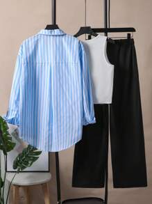 Set di 3 pezzi, outfit verde scuro per adolescenti, composto da una camicia a righe a maniche lunghe con orlo irregolare, un gilet lavorato a maglia bianco e pantaloni neri a gamba ampia, ideale per l'uso quotidiano e per le vacanze