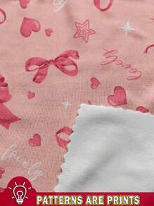 SHEIN Pijama minimalista informal de manga corta y pantalón para niñas preadolescentes, con moño rosa dulce y estampado en inglés, de ajuste ceñido, para primavera y verano