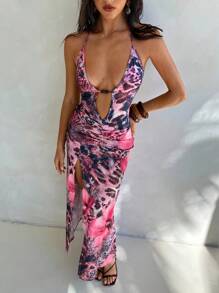 Aloruh Women's Tie-Dye Print V-Neck Dress, Sexy Mesh, Holiday/Resort Wear, Spring/Summer - Multicolor - View 7