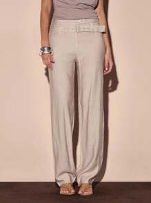 MUSERA Low Rise Slim Fit Belt Detail Straight Leg Trousers Summer Vacation 90's Streetstyle Cool Girl Festival Holiday Graphite S Party Casual - Khaki - View 2