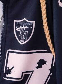 SHEIN Tween Girls Casual Sports Jacket, Number & Bow Graphic, Hooded Zip-Up Sweatshirt Sweatshirt Girls Zip Up Hoodie Kids Zip Up Hoodies Fall Winter - Navy Blue - View 5