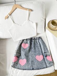 SHEIN 2件套青少年女孩休闲领心形印花上衣和牛仔迷你裙套装 - 白色 - 查看 1