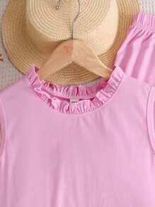 Tween Girl Resort Print Woven Jacquard Back Tie Ruffle Hem Camisole Dress For Summer Summer Outfits Vacation Outfits Girls Bow Two Piece Set - Pink - View 2