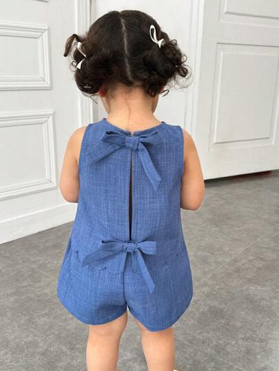 Set de 2 piezas para bebé niña, top de cuello redondo unicolor casual con decoración de lazo 3D en la espalda y pantalones cortos, color azul