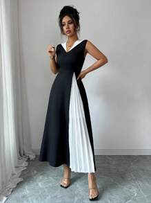 TrendSteals Robe élégante et gracieuse sans manches pour dame - Noir et Blanc - Voir 3