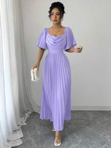 Elenzga New Design Women's Plunging Neck Short Sleeve Heavily Ruffled Back Elegant Dress, Wedding Party Lightweight Dress With Anti-Slip Collar, Flattering & Versatile