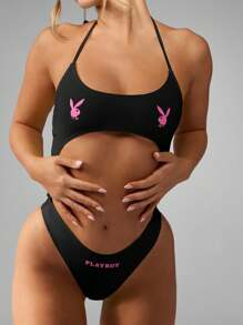 Missguided x Playboy Đồ bơi Monokini cắt rời Bộ đồ tắm một mảnh Cổ yếm Đồ bơi hở chân cao Đồ bơi mùa hè đi biển Hồ bơi Kỳ nghỉ tại khu nghỉ dưỡng - màu đen - Xem 3