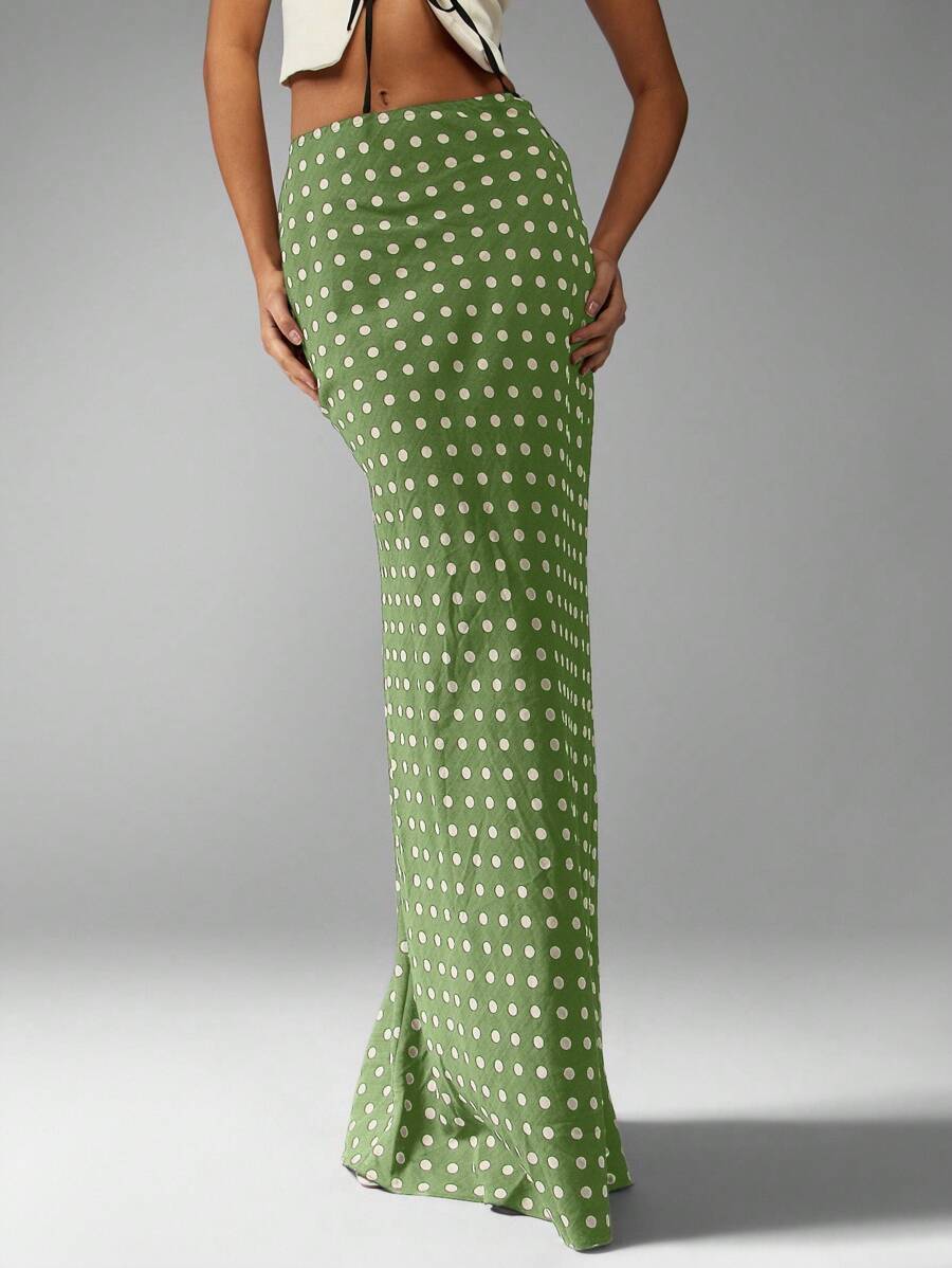 MISSGUIDED Chân váy Maxi chấm bi cạp cao ôm vừa vặn dài chấm đất thiết kế cổ điển thời trang xuân hè chân váy chữ A - Màu xanh Bạc hà - Xem 1