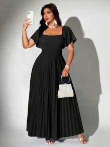 Viva Relle 大码女式优雅浪漫荷叶边雪纺喇叭袖连衣裙，适合婚礼派对 - 黑色 - 查看 1