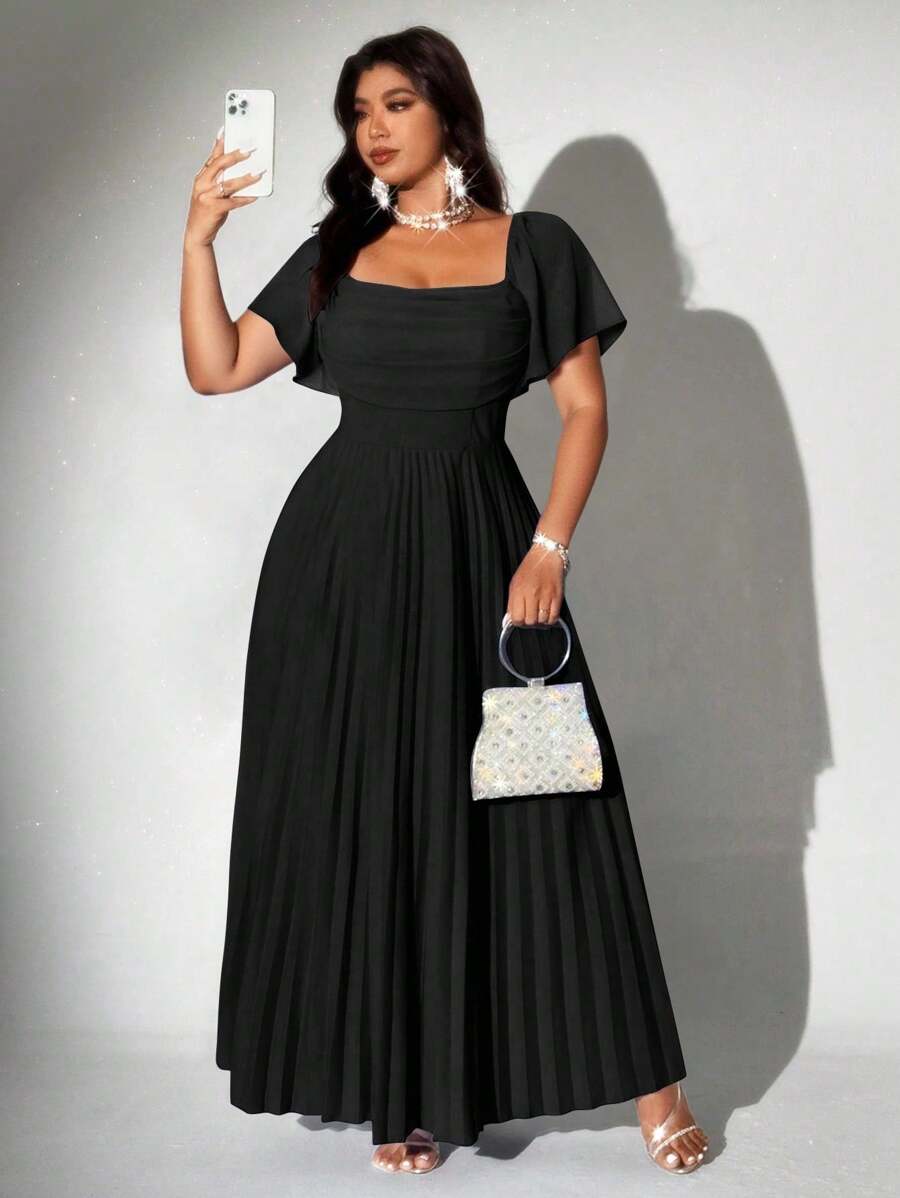 Viva Relle 大码女式优雅浪漫荷叶边雪纺喇叭袖连衣裙，适合婚礼派对 - 黑色 - 查看 1