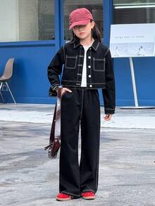 Dazy Kids 2pcs Tween Girl Denim Long Sleeve Shirt And Denim Pants Set, Tween Girl Fall Fashion - Black - View 3