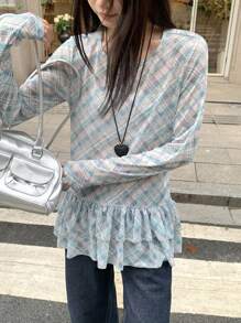 DAZY Women's Round Neck Grid Pattern Mesh Long Sleeve Casual Knit T-Shirt
