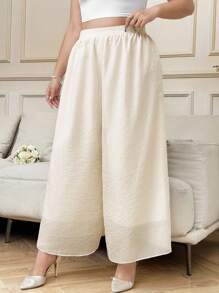 SHEIN Clasi 大码女式夏季裤子，优雅宽松雪纺飘逸浅色裤子，适合女性的夏季服装 - 杏色 - 查看 3