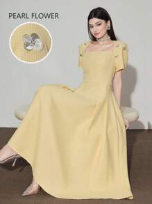 Modelyn 方领收腰手工 3D 花卉 A 字优雅连衣裙，适合派对、聚会和约会 - 黃色 - 查看 1