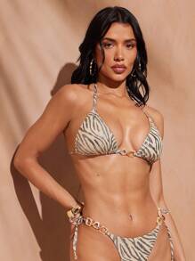 Hauture Women's Zebra Print Foil Effect Halter Neck Sexy Bikini Top With Stone Chain Decor For Summer Beach Vacation - Multicolor - View 4