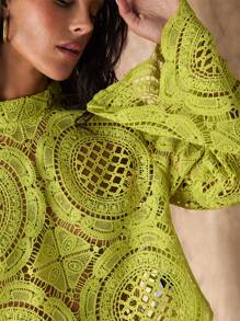 Glamine Women's Long Sleeve Stand Collar Water-Soluble Flower Inlay Edge Sheer Blouse, Lime Green Top, Hollow Out Top Fall Cloth For Women - Green - View 5