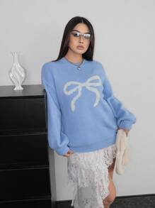 SHEIN POPSWAY Frauen Große Größen Schleifenmuster romantischer Pullover, geeignet für Herbst/Winter, Rückkehr zur Schule Saison Strickpullover Herbst - Babyblau - Übersicht 2