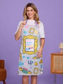 FRIENDS X SHEIN 1 pieza Delantal con estampado de dibujos animados de café, pizza y patito, a prueba de agua y aceite, de moda y versátil, adecuado para cocina y hornear
