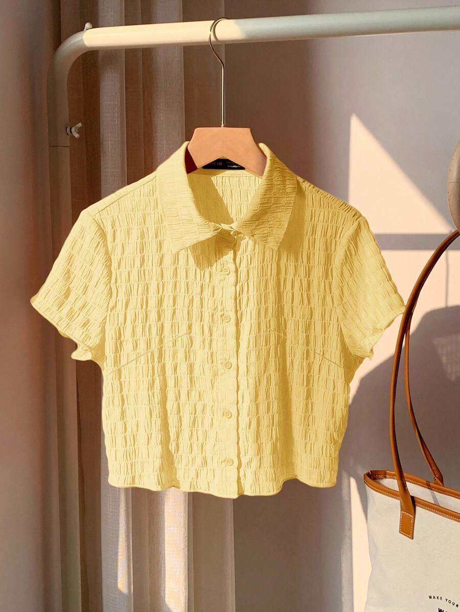 Comfortcana Plus Size Women's Summer Short Sleeve Single Breasted Casual Yellow Textured Shirt, Yellow Blouse Women - Yellow - View 1