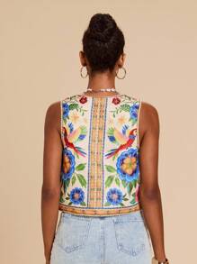 Travachic 秋冬波西米亚风多色V领无袖背心，饰有花卉和鹦鹉印花