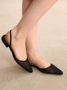 Styleloop Women's Fashionable Black Woven Pointed Toe Low Heel Mule Shoes - Black - View 3