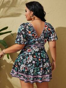 Swim Lushoire Plus Size Women's Tropical Plant Printed V-Neck Short Puff Sleeve Casual Tankini Swimwear,Summer Beach - Black - View 2