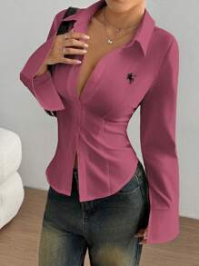 TRNVIE 前部刺绣修身女士衬衫，休闲通勤装