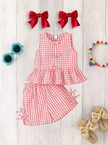 SHEIN 2pcs Young Girl Woven Plaid Sleeveless Top And Shorts Set - Pink - View 6