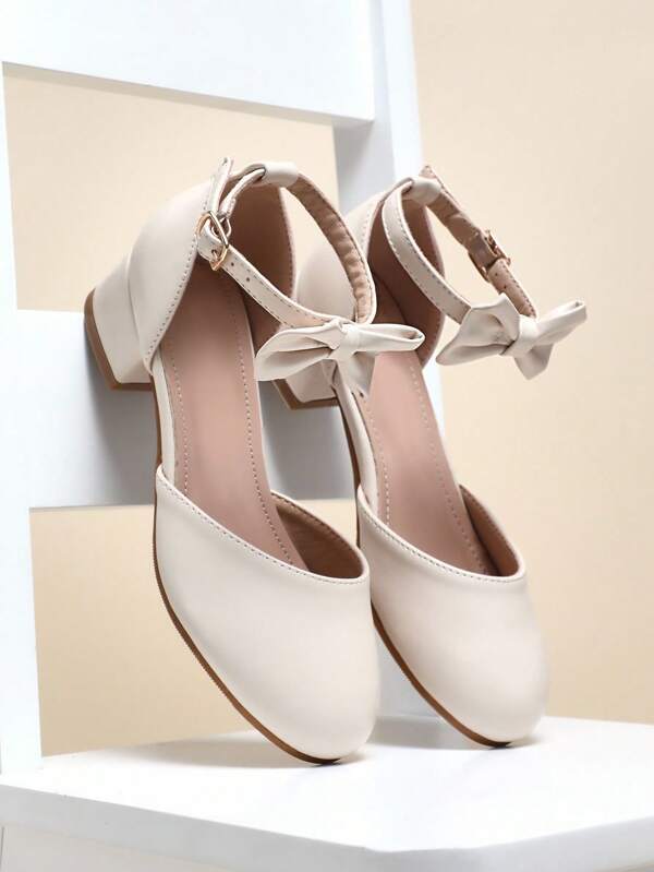 Mini mi Sweetcore Girls Minimalist Bow Pu Nude Dress Shoes – Cream Low Heel Pumps With Ankle Strap, Coco-Inspired Elegant Look For Parties, Daily Wear & French Style Outfits