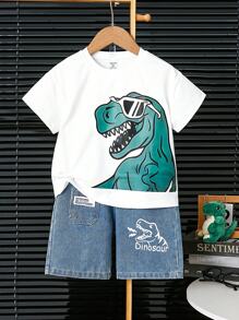 SHEIN 2件套男童舒适休闲日常可爱恐龙图案橙色针织短袖T恤搭配破洞牛仔短裤套装，适合春夏季节、日常生活、运动、校园、聚会、节日、演出、摄影、返校季等场合。男童恐龙服装，男童夏季服装。 - 白色 - 查看 2