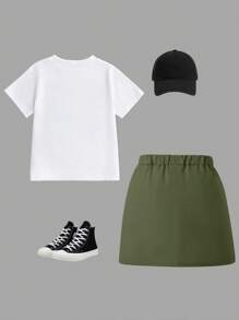 Sparklyn Simple Sweet Girl Graphic Short Sleeve Crew Neck T-Shirt Paired With Cargo Skirt, Casual Summer Outfit